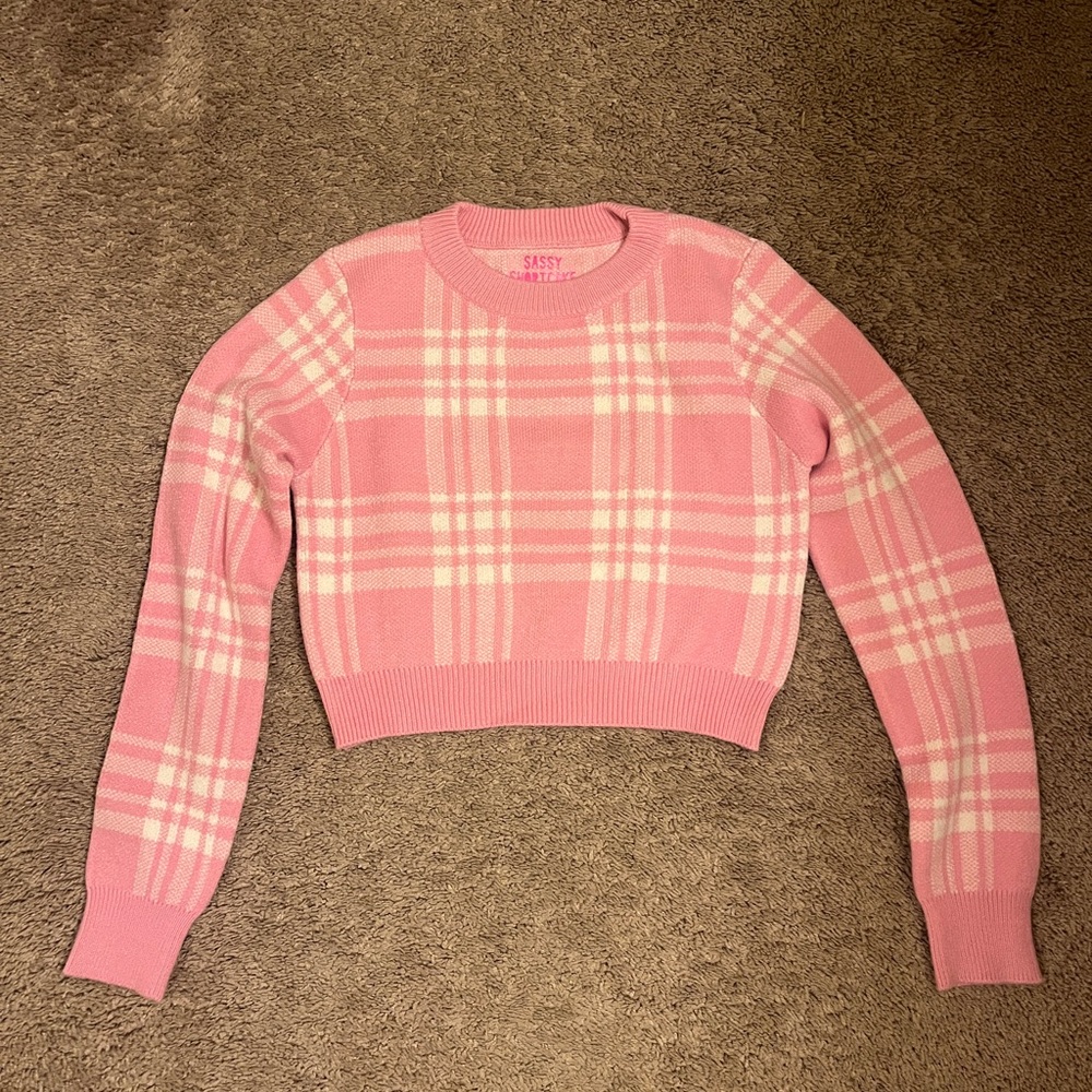 Cropped Pink plaid sweater, Sassy Shortcake, sz m, fits line a small/ xs,